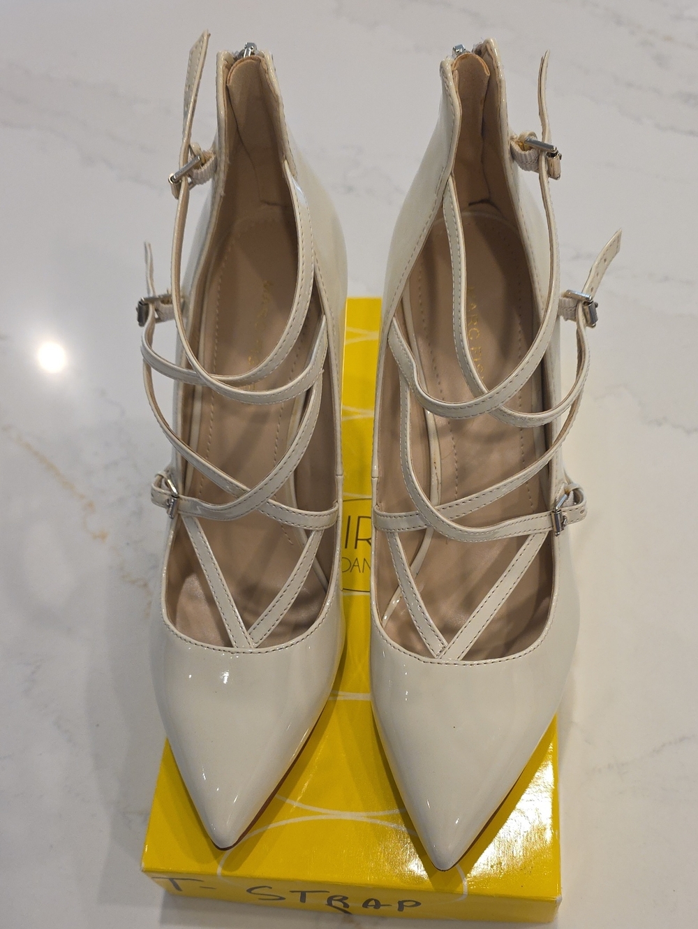 Marc Fisher Cream Patent Leather Strappy Pointed-Toe Women's Heels W/zipper Bk.